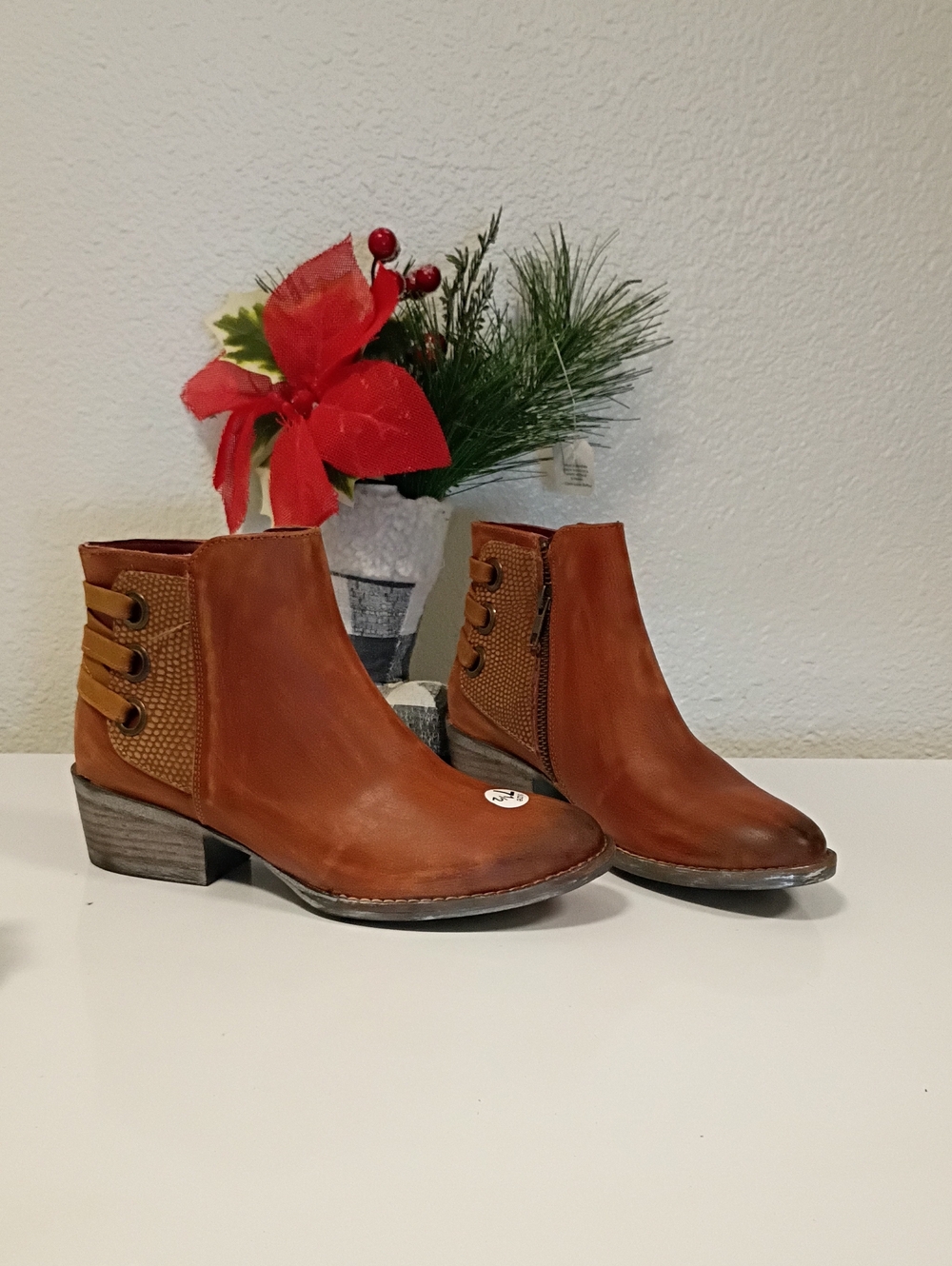 Women's Brown Leather Ankle Booties with Side Lace Detail